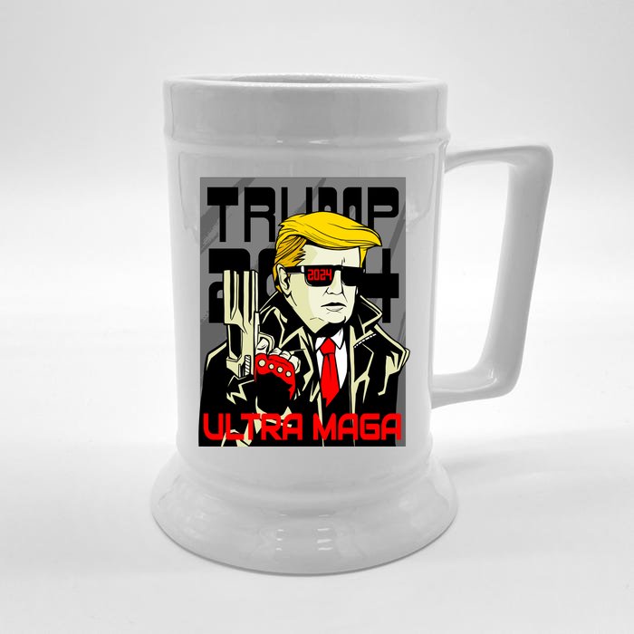 Great Ultra MAGA King Terminator Parody Trump 2024 Anti Biden Front & Back Beer Stein