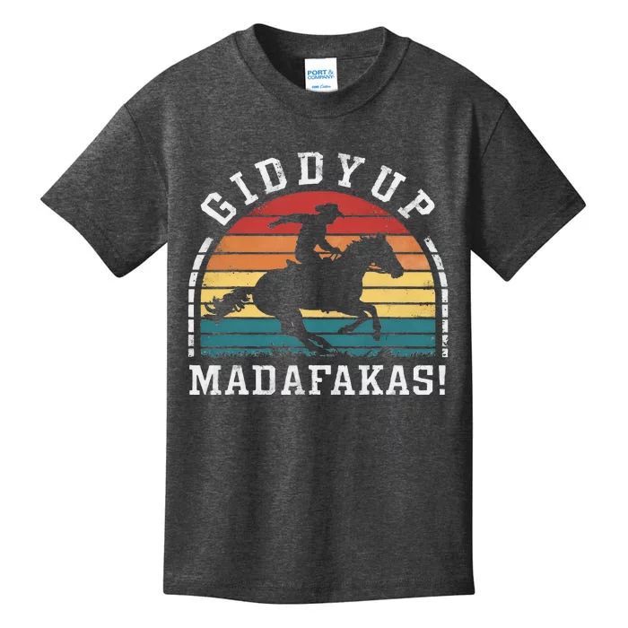 Giddy Up Madafakas Retro Cowboy Sunset Derby Humor Kids T-Shirt