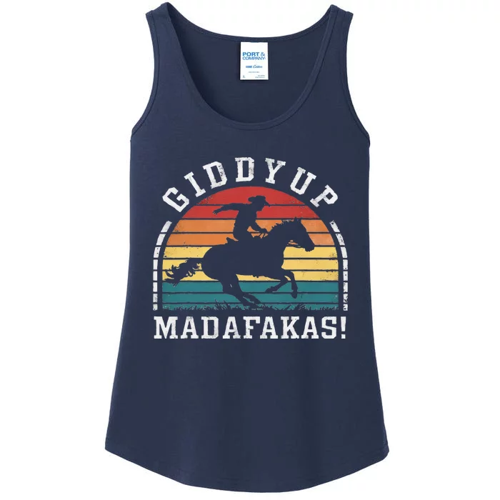 Giddy Up Madafakas Retro Cowboy Sunset Derby Humor Ladies Essential Tank