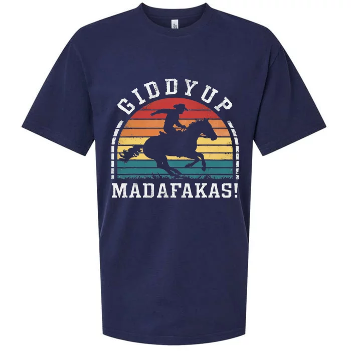 Giddy Up Madafakas Retro Cowboy Sunset Derby Humor Sueded Cloud Jersey T-Shirt