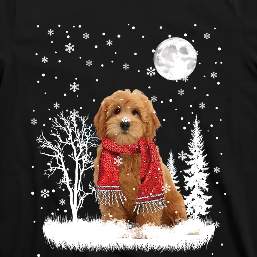 Goldendoodle Under Moonlight Snow Christmas Gift T-Shirt