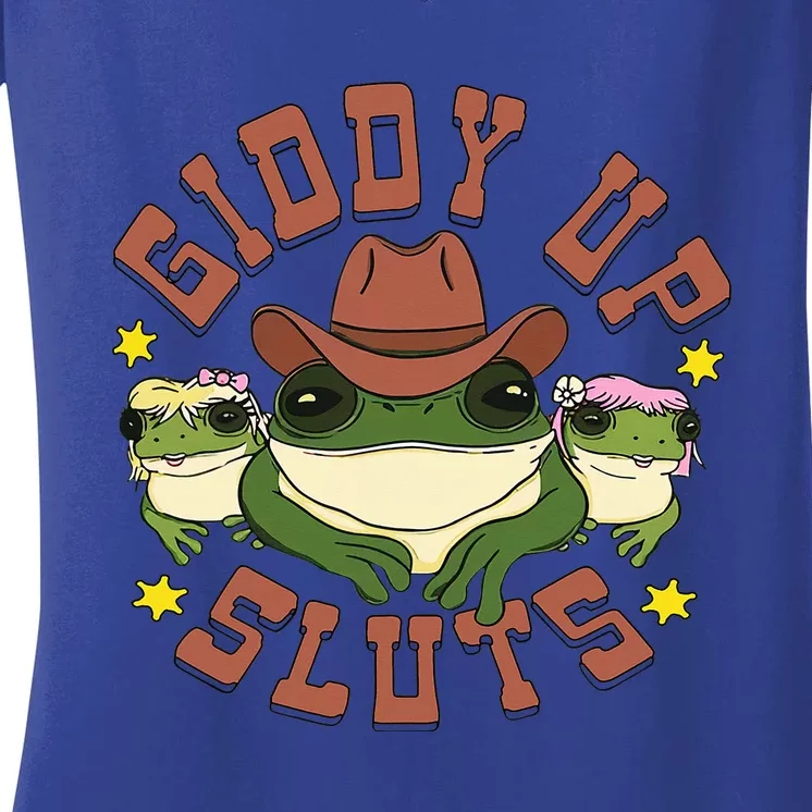 Giddy Up Sluts Western Cowgirl Ranch Rodeo Frog Women's V-Neck T-Shirt