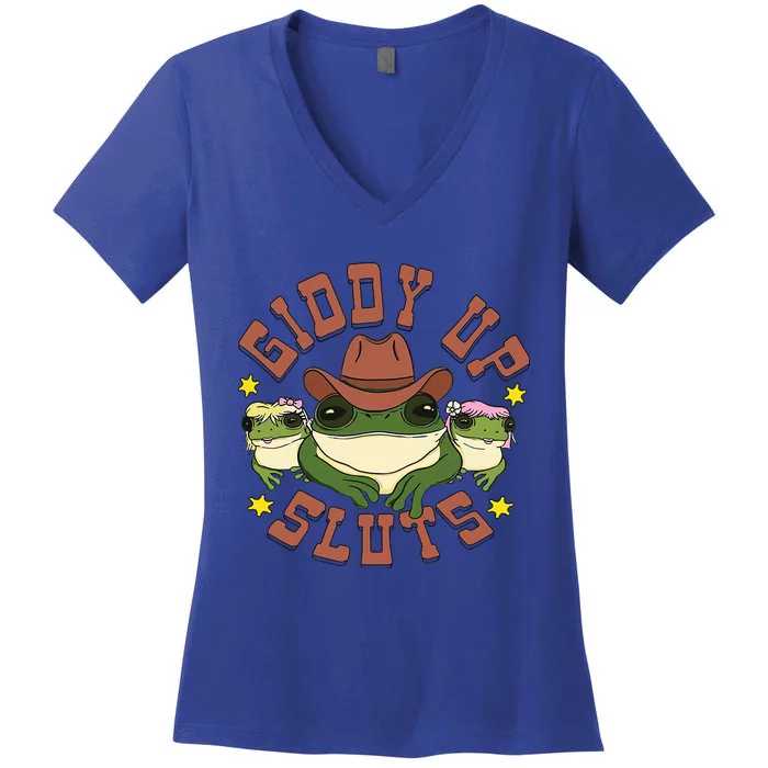 Giddy Up Sluts Western Cowgirl Ranch Rodeo Frog Women's V-Neck T-Shirt