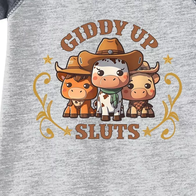 Giddy Up Sluts Funny Western Cowgirl Ranch Rodeo Country Cow Infant Baby Jersey Bodysuit