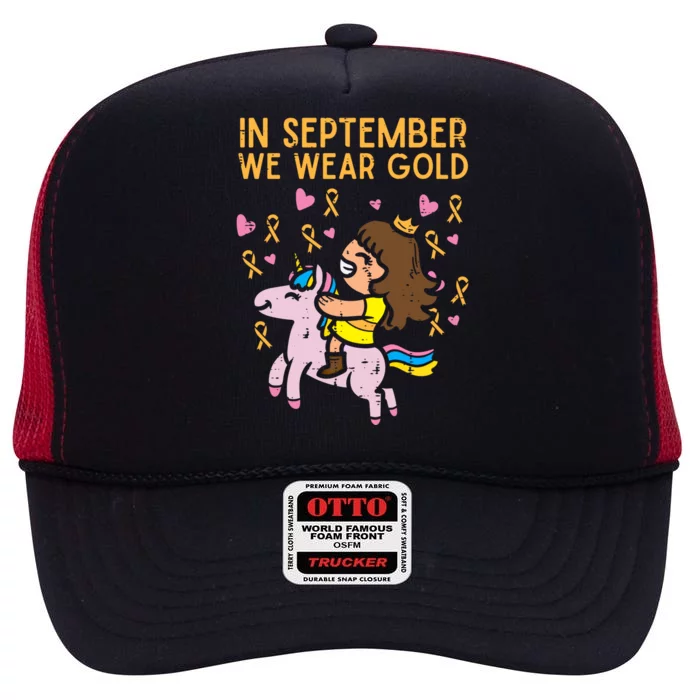 Girl Unicorn September Wear Gold Hood Cancer Awareness Funny Gift High Crown Mesh Trucker Hat