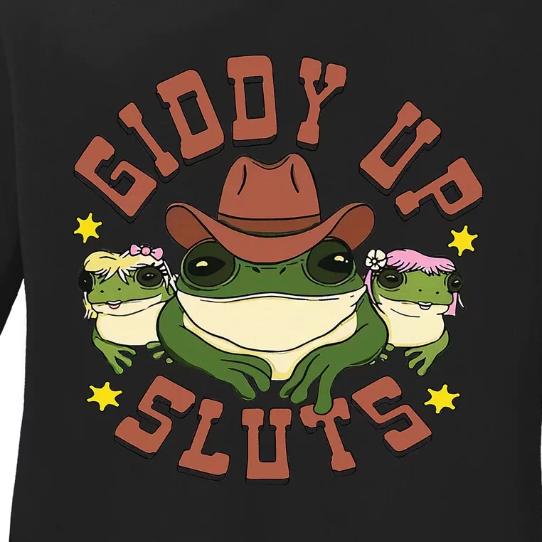 Giddy Up Sluts Funny Western Cowgirl Ranch Rodeo Frog Ladies Long Sleeve Shirt