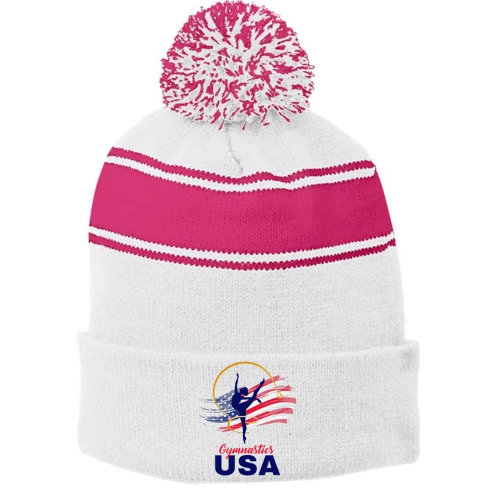 Gymnastics Usa Support Stripe Pom Pom Beanie