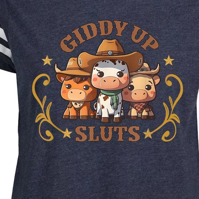 Giddy Up Sluts Funny Western Cowgirl Ranch Rodeo Country Cow Enza Ladies Jersey Football T-Shirt