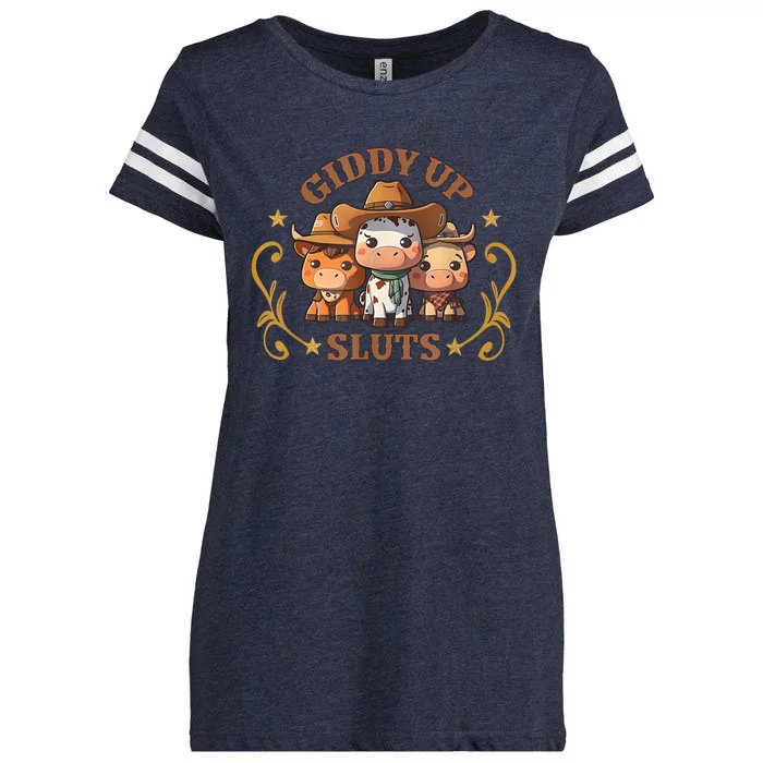 Giddy Up Sluts Funny Western Cowgirl Ranch Rodeo Country Cow Enza Ladies Jersey Football T-Shirt