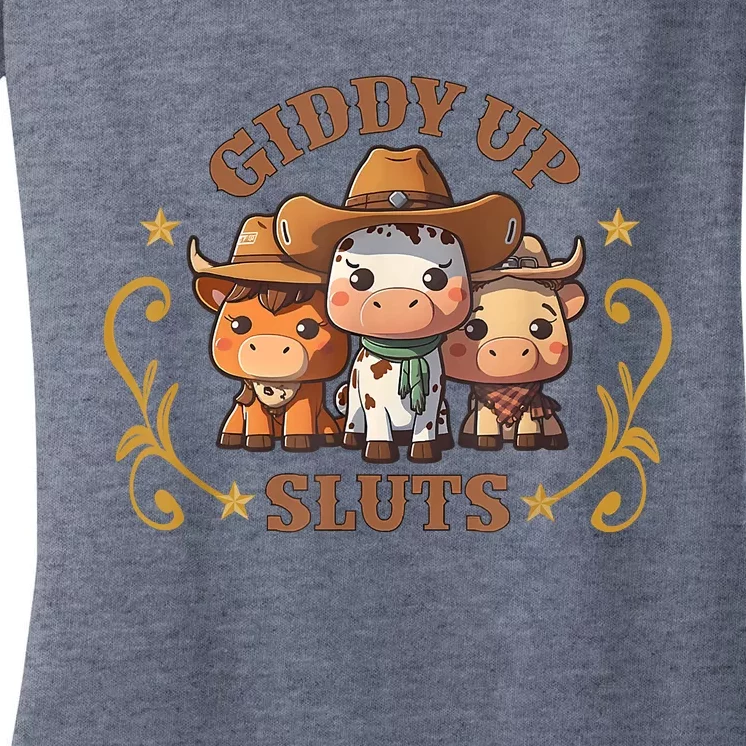 Giddy Up Sluts Funny Western Cowgirl Ranch Rodeo Country Cow Women's V-Neck T-Shirt