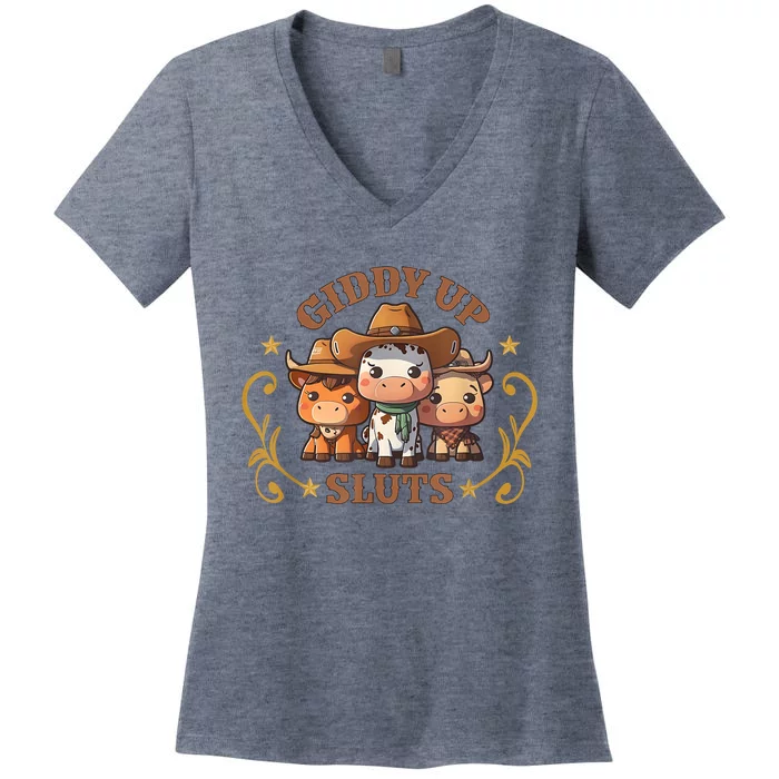 Giddy Up Sluts Funny Western Cowgirl Ranch Rodeo Country Cow Women's V-Neck T-Shirt