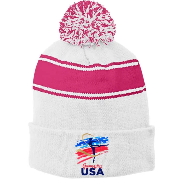 Gymnastics USA Support the Team USA Flag Stripe Pom Pom Beanie