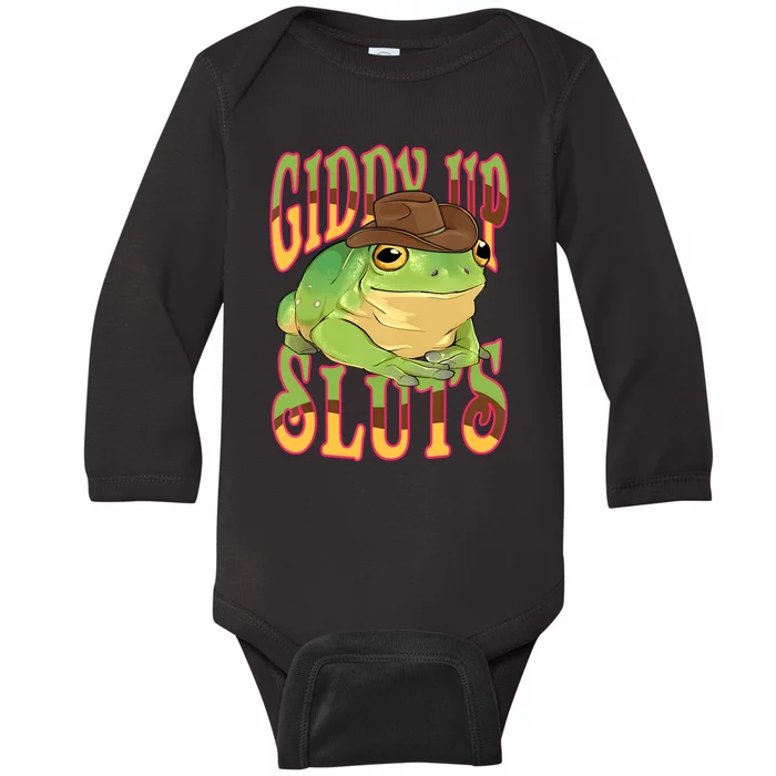 Giddy Up Sluts Funny Western Ranch Cowgirl Rodeo Frog Baby Long Sleeve Bodysuit