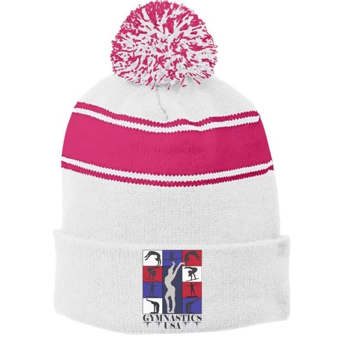 Gymnastics Usa Support The Team Sport American Flag Lover Stripe Pom Pom Beanie