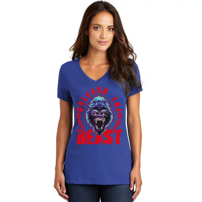 Gorilla Unleash The Beast Gym Mode Fitness Motivation Quote Gift Women's V-Neck T-Shirt