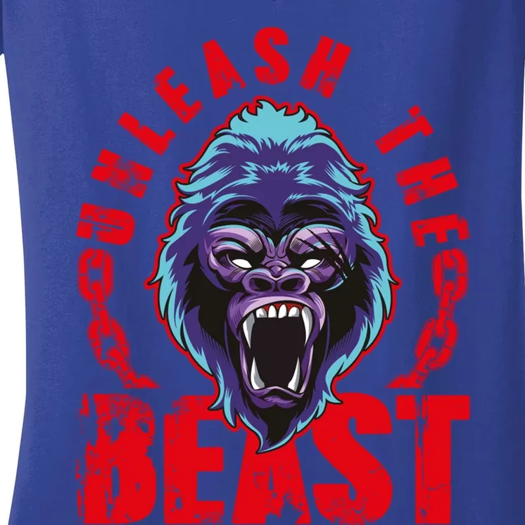 Gorilla Unleash The Beast Gym Mode Fitness Motivation Quote Gift Women's V-Neck T-Shirt