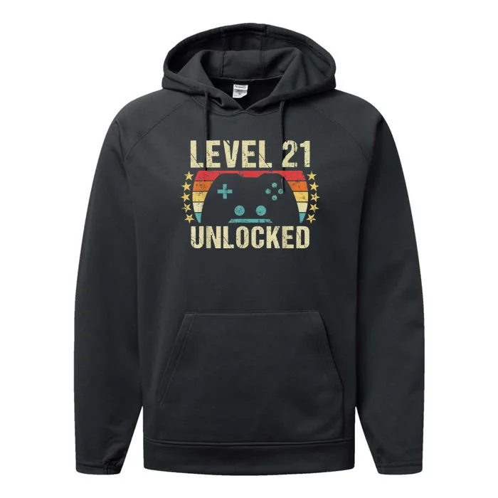 Gaming Vintage 21st Birthday Gift 21 Year Old Boy Girl Gamer Performance Fleece Hoodie