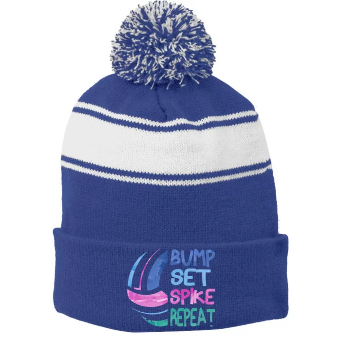 Girls Volleyball Bump Set Spike Repeat Blue Purple Teen Funny Gift Stripe Pom Pom Beanie