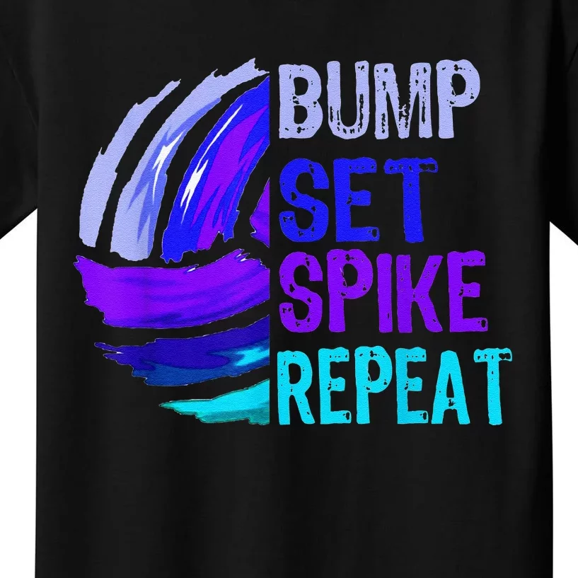 Girls Volleyball Bump Set Spike Repeat Blue Purple Kids T-Shirt