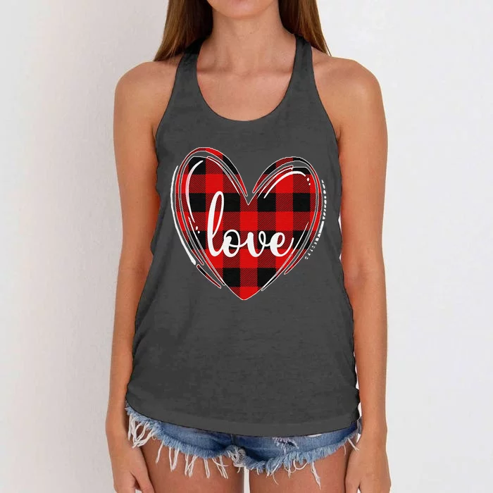 Girls Valentines Day Shirts Funny Hearts Love Buffalo Plaid Women's Knotted Racerback Tank