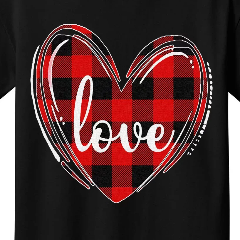 Girls Valentines Day Shirts Funny Hearts Love Buffalo Plaid Kids T-Shirt