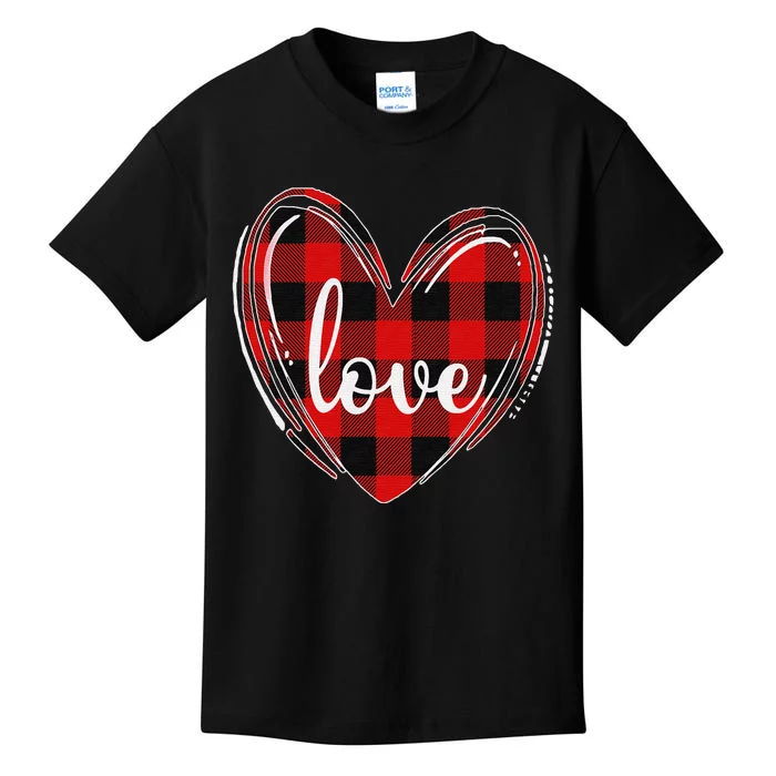 Girls Valentines Day Shirts Funny Hearts Love Buffalo Plaid Kids T-Shirt