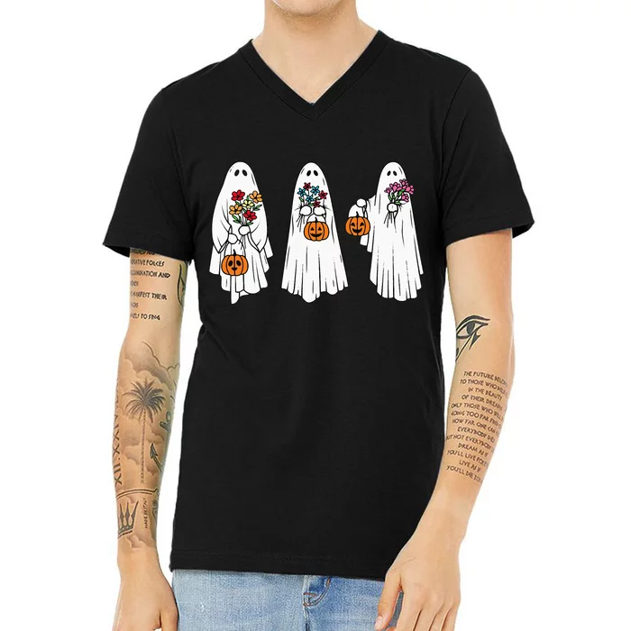 Groovy Vintage Floral Ghost Cute Halloween Spooky Season V-Neck T-Shirt