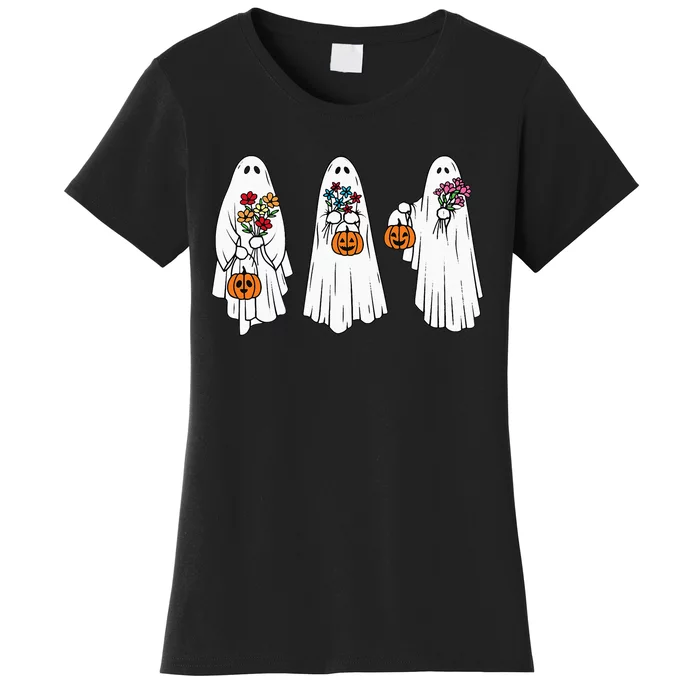 Groovy Vintage Floral Ghost Cute Halloween Spooky Season Women's T-Shirt