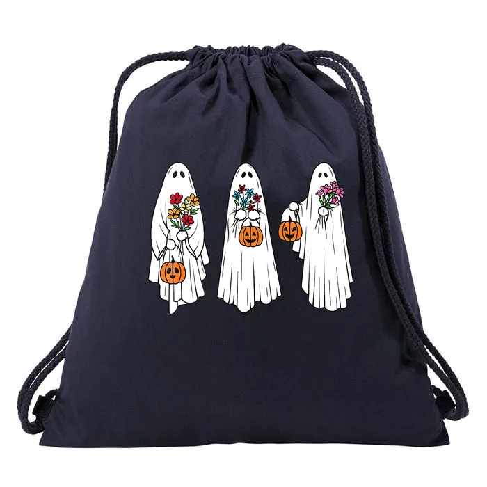 Groovy Vintage Floral Ghost Cute Halloween Spooky Season Gift Drawstring Bag