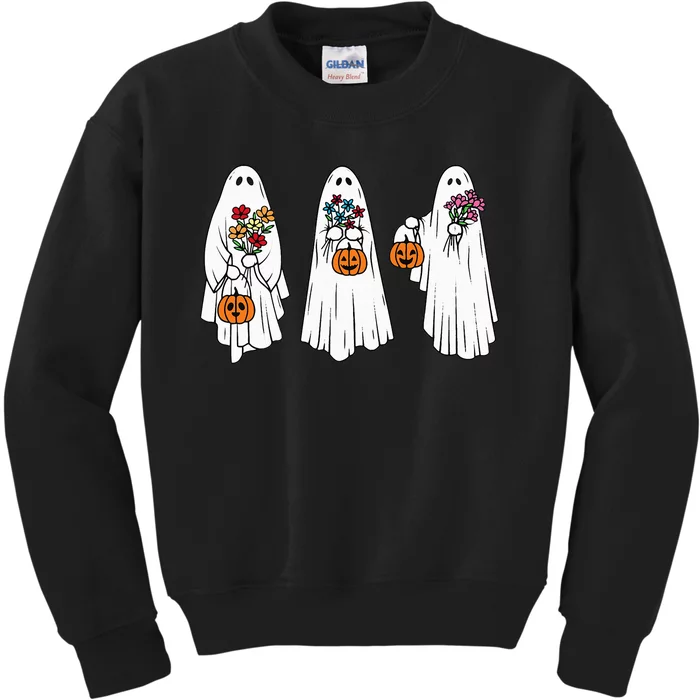 Groovy Vintage Floral Ghost Cute Halloween Spooky Season Kids Sweatshirt