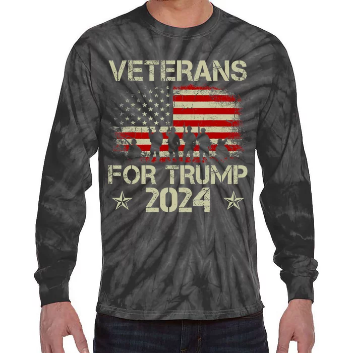 Grandpa Veterans For Trump 2024 American Flag 4th Of July Tie-Dye Long Sleeve Shirt