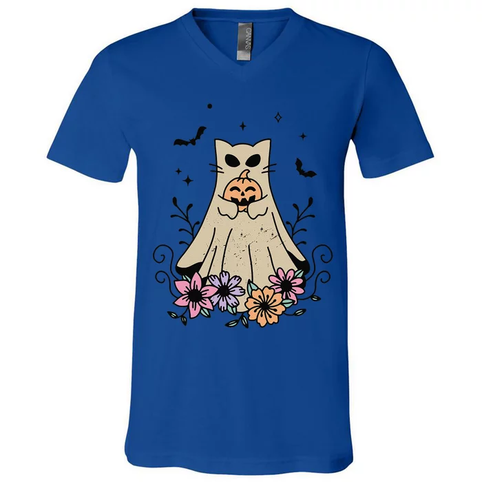 Groovy Vintage Floral Ghost Cat Cute Halloween Spooky Season V-Neck T-Shirt