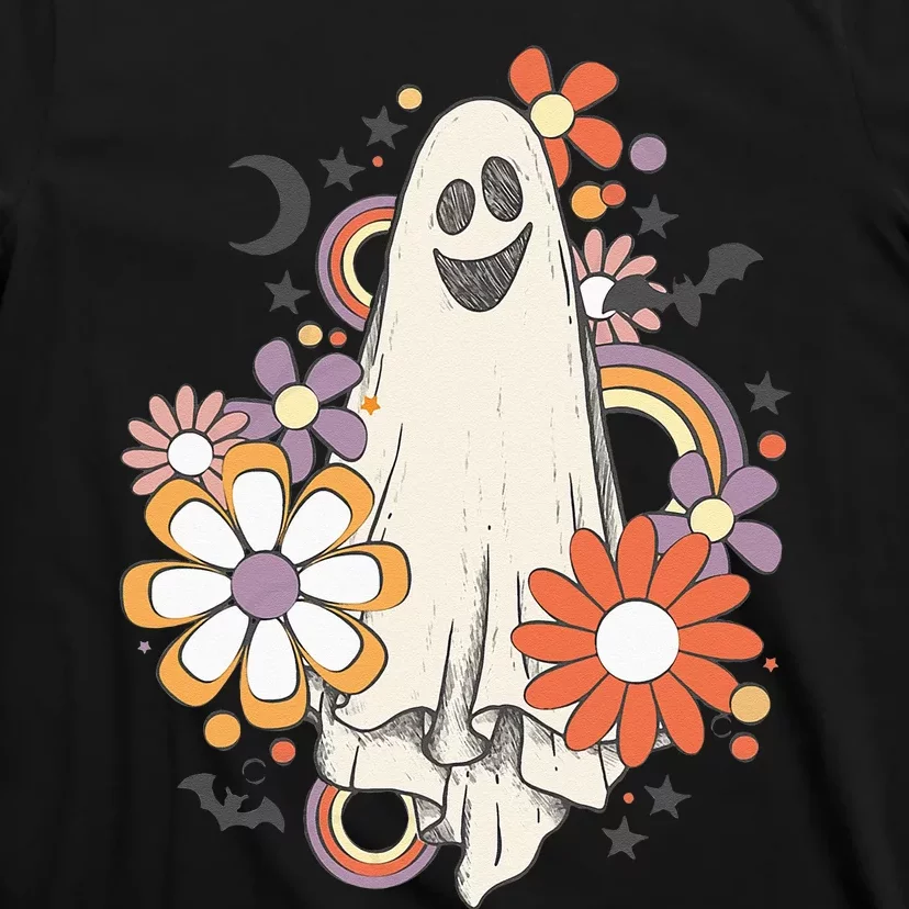 Groovy Vintage Floral Ghost Cute Halloween Spooky Season T-Shirt