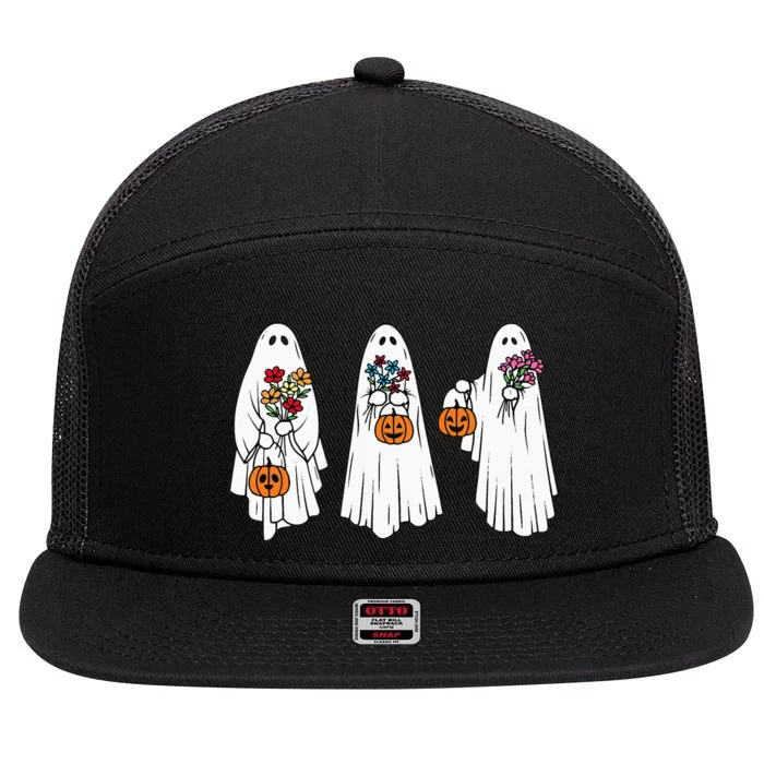 Groovy Vintage Floral Ghost Cute Halloween Spooky Season 7 Panel Mesh Trucker Snapback Hat