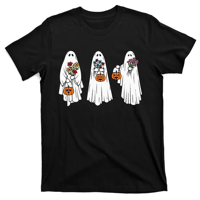 Groovy Vintage Floral Ghost Cute Halloween Spooky Season T-Shirt