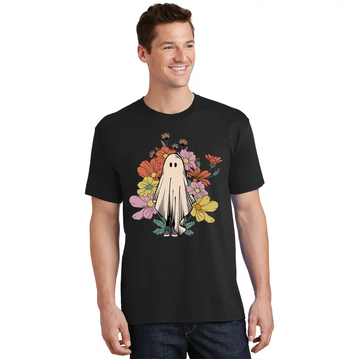 Groovy Vintage Floral Ghost Cute Halloween Spooky Season T-Shirt