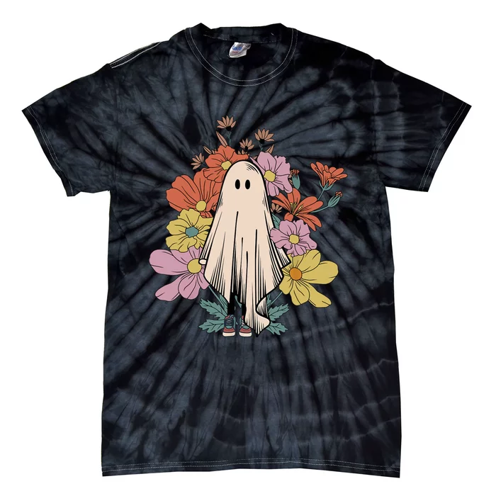 Groovy Vintage Floral Ghost Cute Halloween Spooky Season Tie-Dye T-Shirt