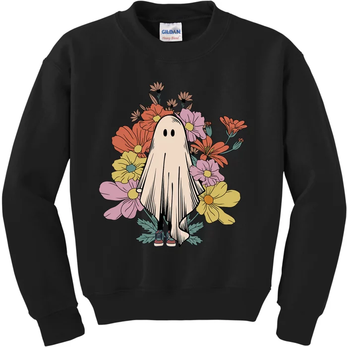 Groovy Vintage Floral Ghost Cute Halloween Spooky Season Kids Sweatshirt