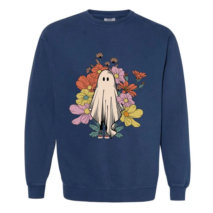 Groovy Vintage Floral Ghost Cute Halloween Spooky Season Garment-Dyed Sweatshirt