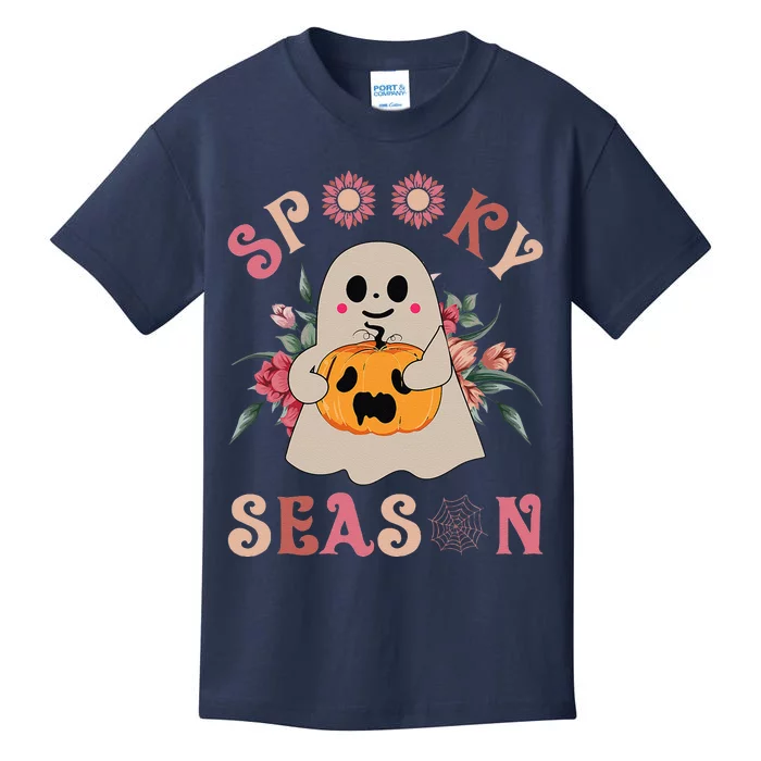 Groovy Vintage Floral Ghost Cute Halloween Spooky Season Gift Kids T-Shirt