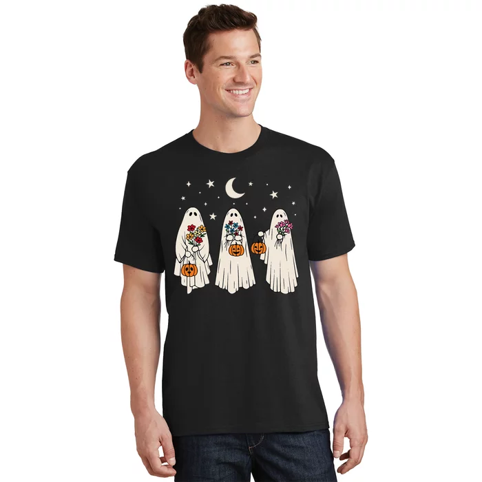 Groovy Vintage Floral Ghost Cute Halloween Spooky Season T-Shirt