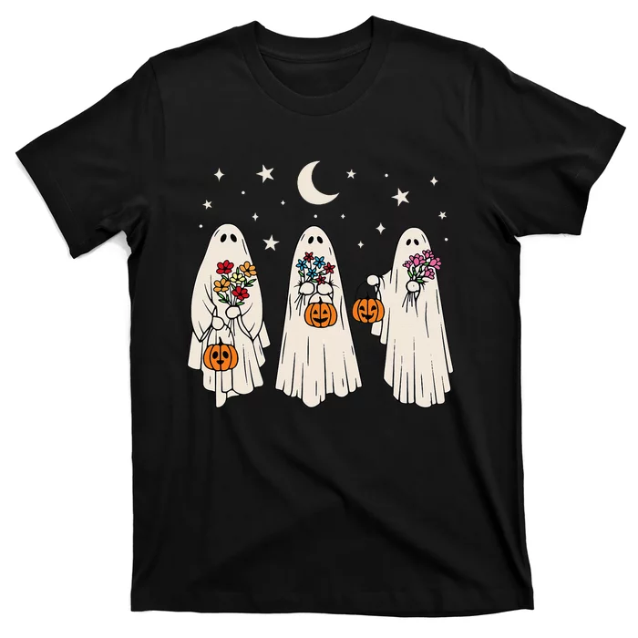 Groovy Vintage Floral Ghost Cute Halloween Spooky Season T-Shirt