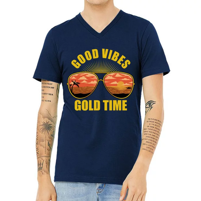 Good Vibes Gold Time Tropical Beach V-Neck T-Shirt