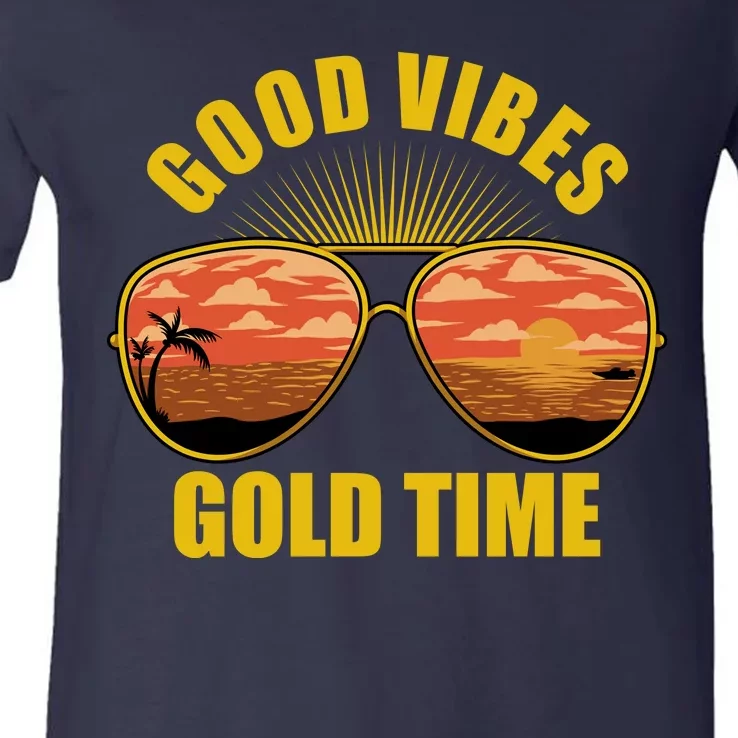 Good Vibes Gold Time Tropical Beach V-Neck T-Shirt