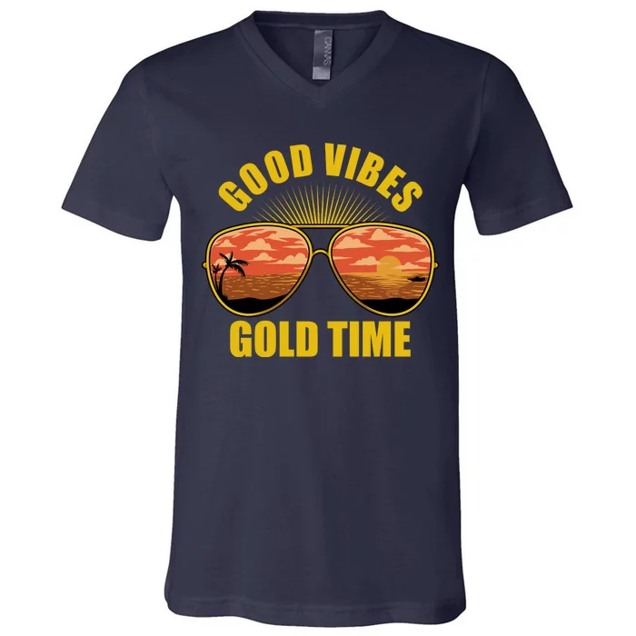 Good Vibes Gold Time Tropical Beach V-Neck T-Shirt