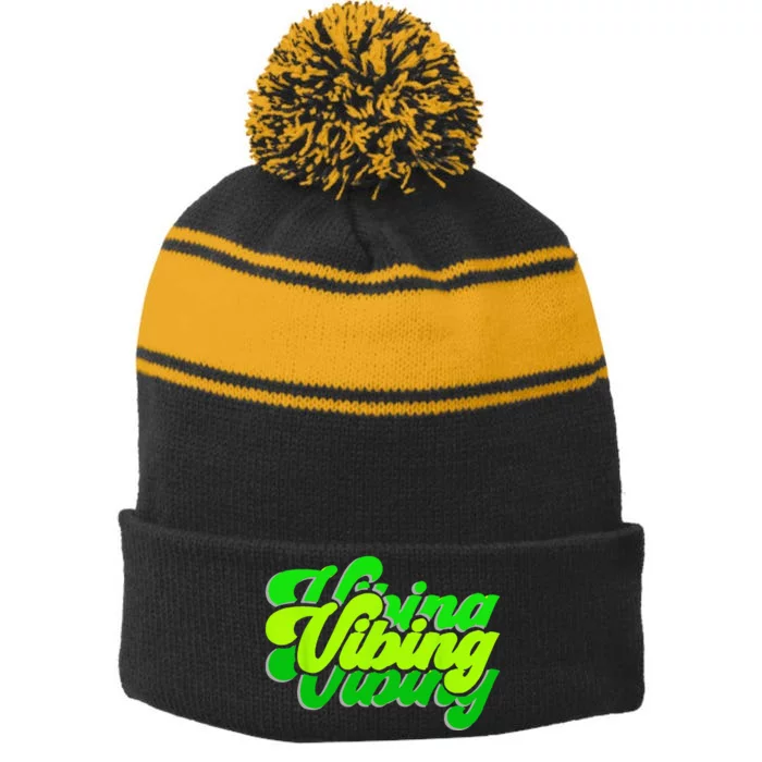 Green Vibing Green Color Graphic Green Vibes Only Stripe Pom Pom Beanie