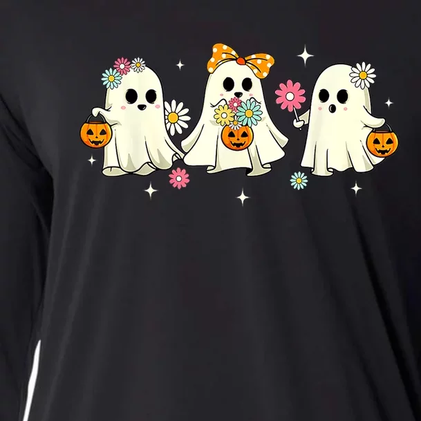 Groovy Vintage Halloween Cute Ghost Floral Spooky Season Gift Cooling Performance Long Sleeve Crew