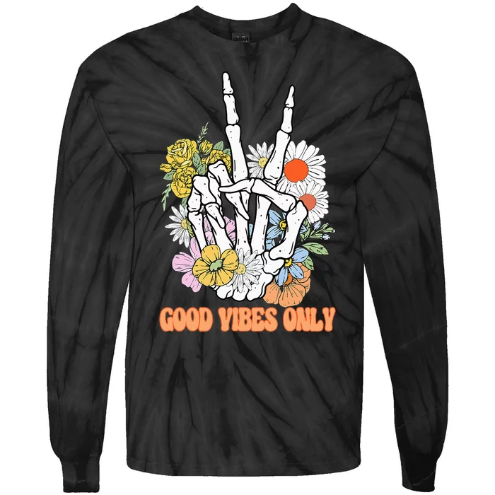 Good Vibes Only Floral Skeleton Hand Fall Autumn Halloween Tie-Dye Long Sleeve Shirt