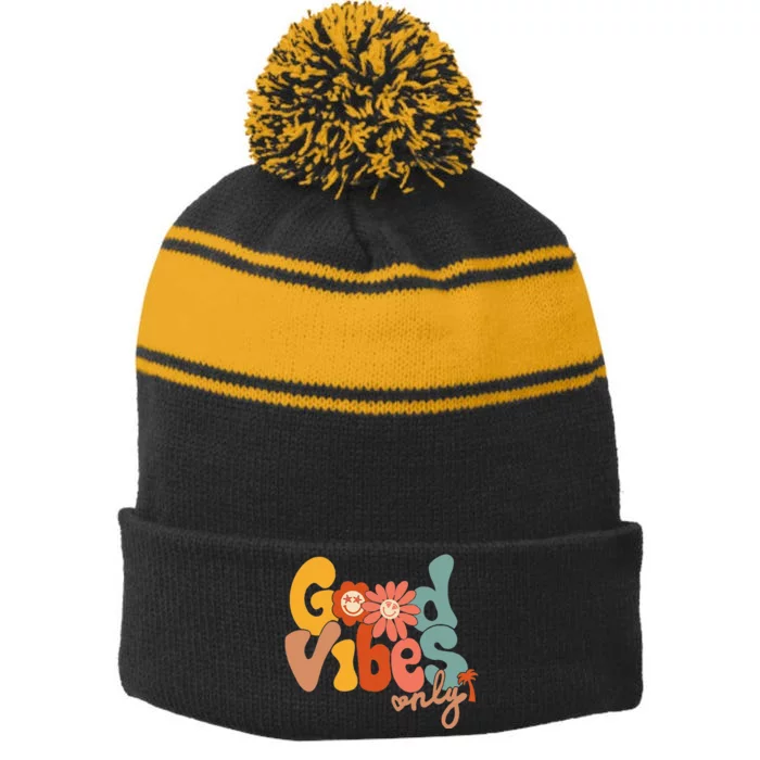 Good Vibes Only Flower Hawaii Beach Summer Vacation Family Stripe Pom Pom Beanie