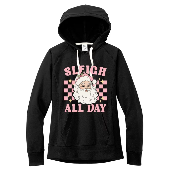 Groovy Vintage Pink Santa Cute Christmas Sleigh All Day Gift Women's Fleece Hoodie